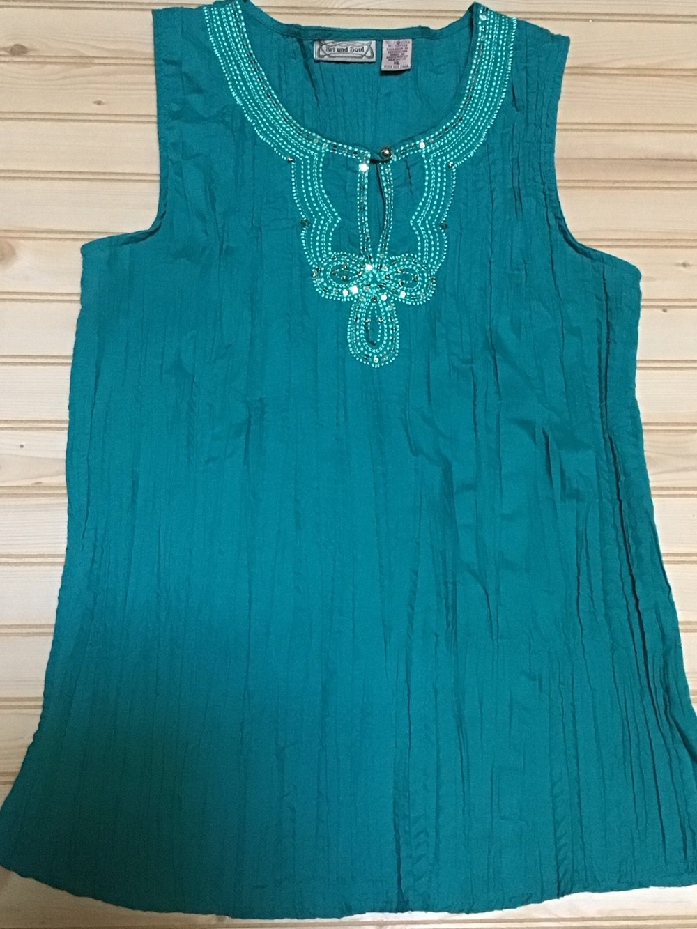 Teal Green Crinkle Embroidered Bead Sequin Embellished Women's Tunic Top Boho